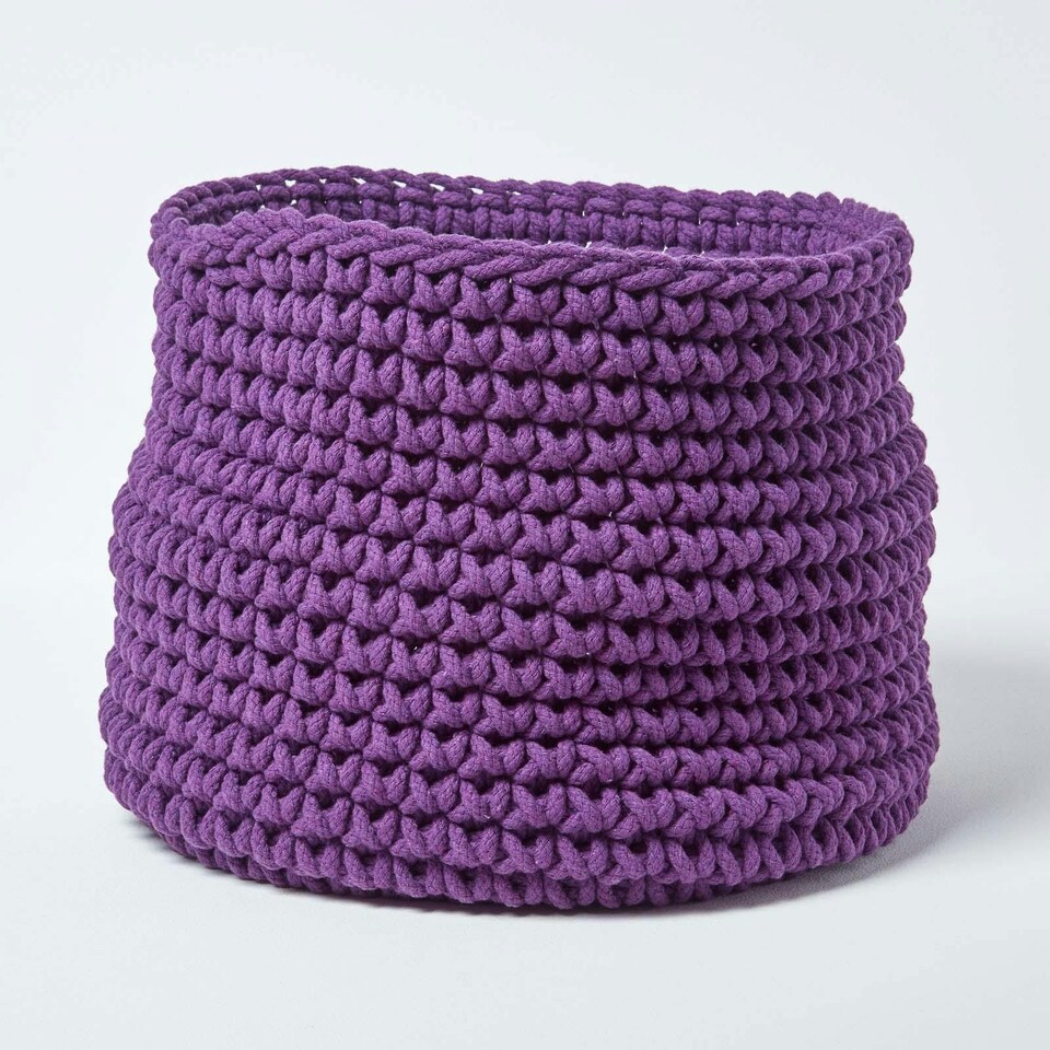 image 1 of Homescapes Deep Purple Cotton Knitted Round Storage Basket - 42 x 37 cm | Purple | Deep Purple