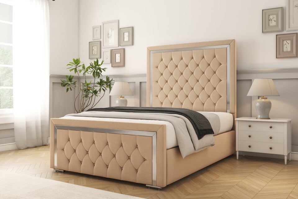 image 1 of Sloomy Sofia Chrome Pebble Plush Bed Frame With Mattress With 50" Upholstered Headboard 4'6 Double