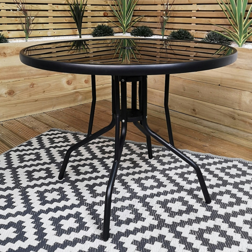 image 1 of Outdoor 2 Person Round Glass Top Garden Patio Dining Table Chairs Black Parasol and Base Set