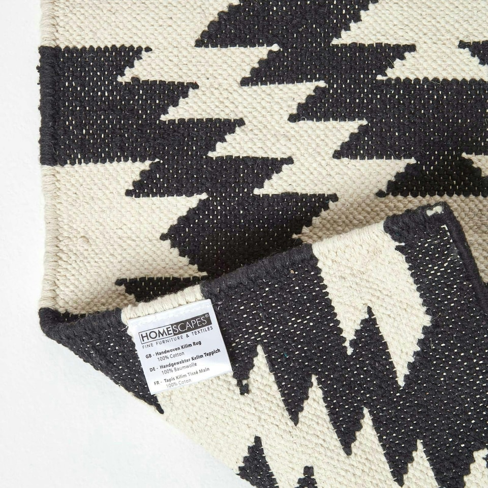 image 1 of Homescapes Zurich Handwoven Black and White Cotton Geometric Kilim Rug - 160 x 230 cm Black | 160 x 230 cm