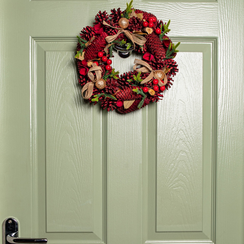 image 1 of 30cm Red Rose Hanging Christmas Wreath with Pinecones & Red Berries