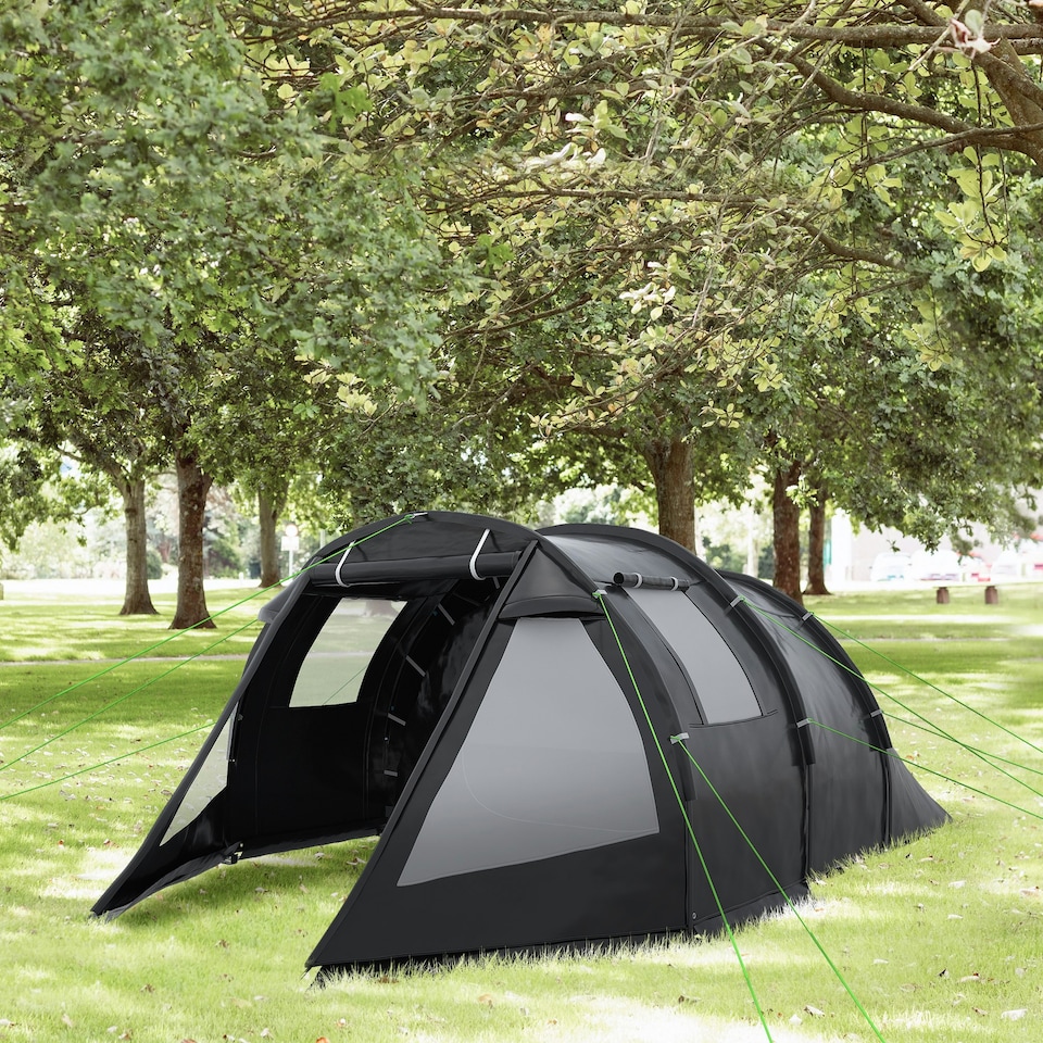 image 1 of Outsunny 3-4 Persons Tunnel Tent, Two Room Camping Tent w/ Windows, Black