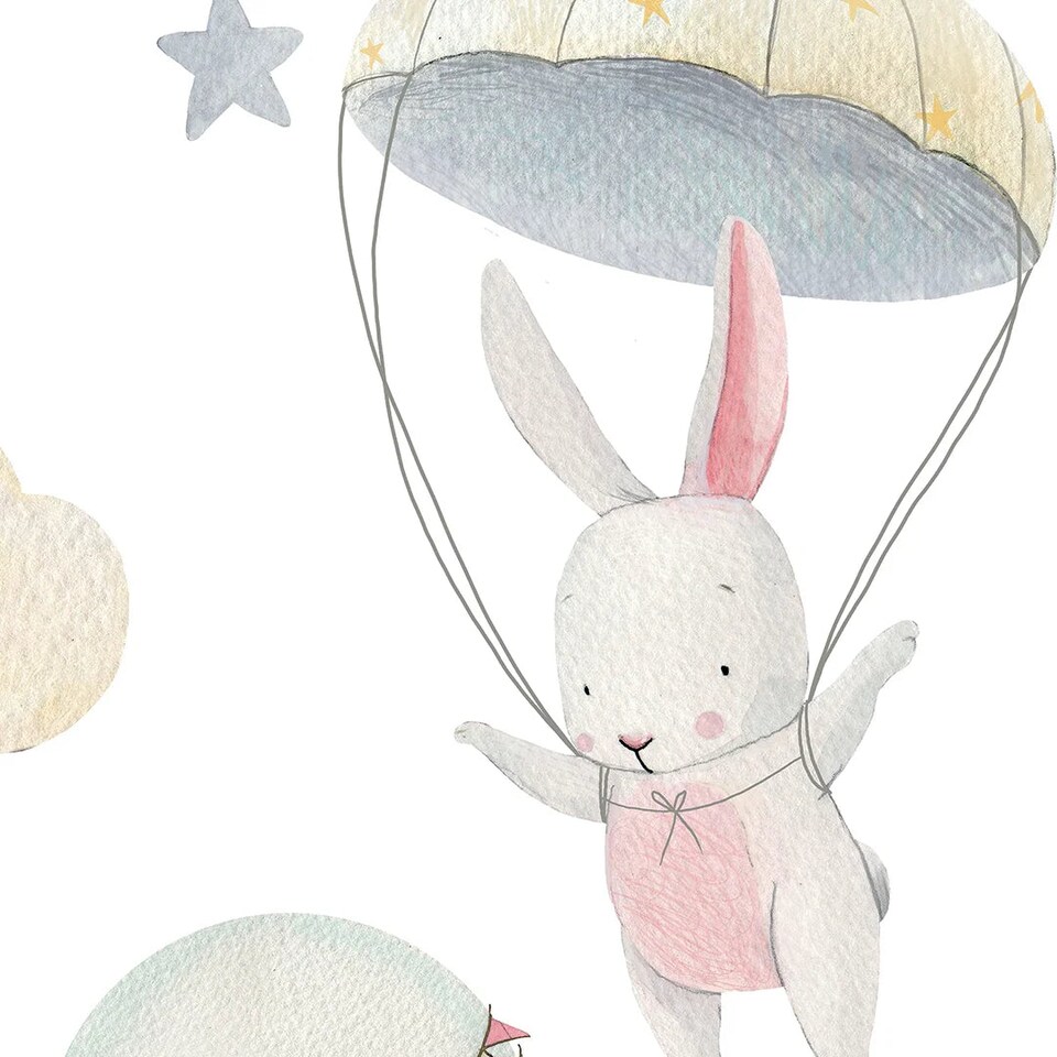 image 1 of Bunnies in the Sky Wallpaper in Soft Pastels | Pink | White and Pink