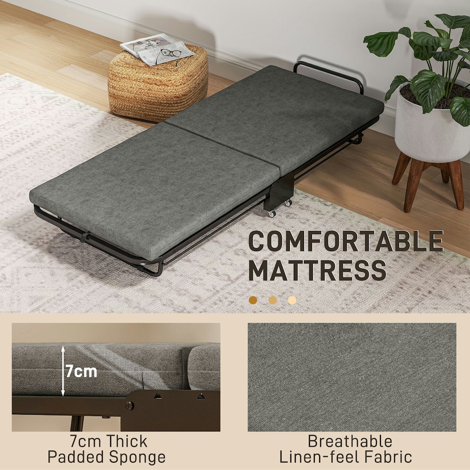 image 1 of HOMCOM Single Folding Bed with Mattress Foldable Guest Bed on Wheels, Grey