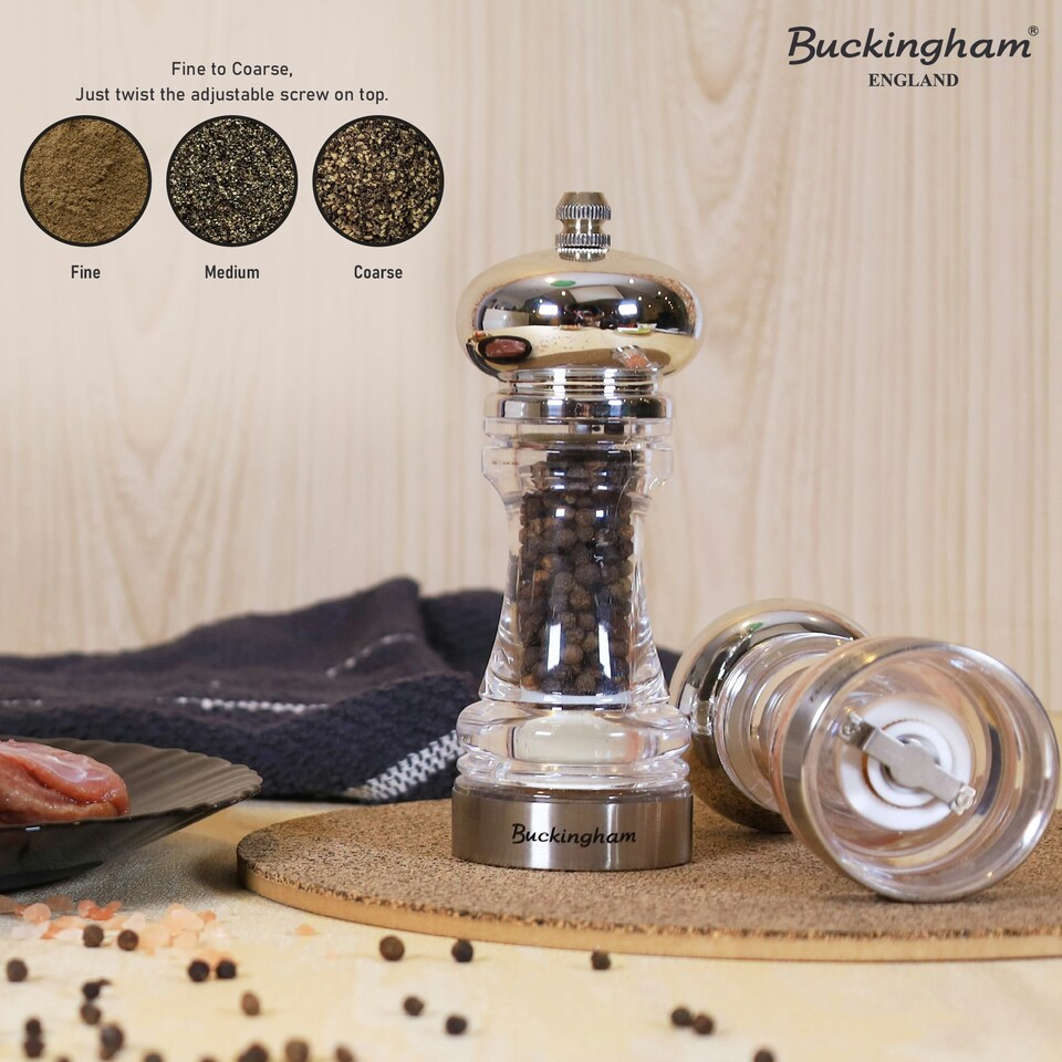 image 1 of Buckingham Clear Acrylic Classic Salt & Pepper Mill Set with Stainless Steel Band