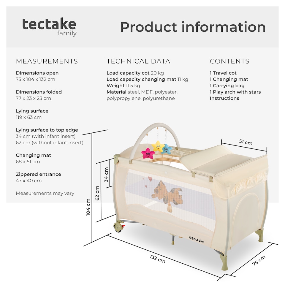 image 1 of Travel Cot Dog - foldable, with changing mat, for children up to 36 months | Cream | beige | 132 x 75 x 104 cm | 1