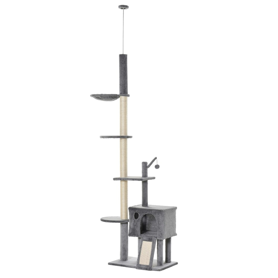 image 1 of PawHut 270cm Floor To Ceiling Cat Tree Scratching Post with Hammock, Grey