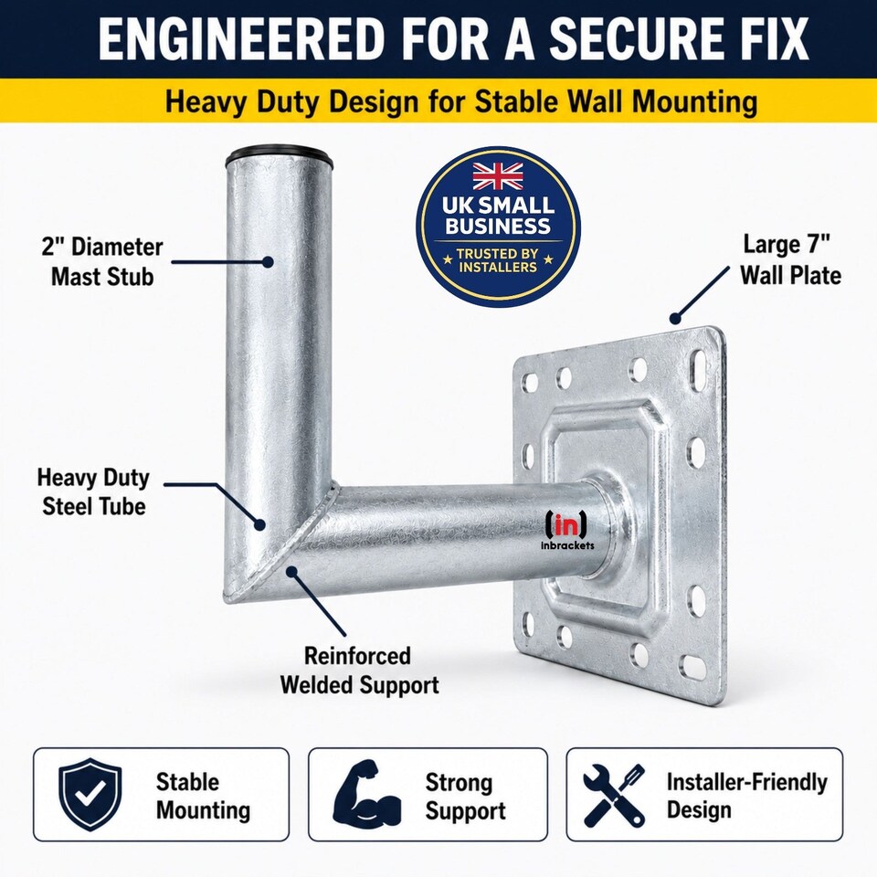 image 1 of Inbrackets Heavy Duty 2" Satellite L Shaped Wall Bracket Galvanised for Starlink, Sky and TV Aerial