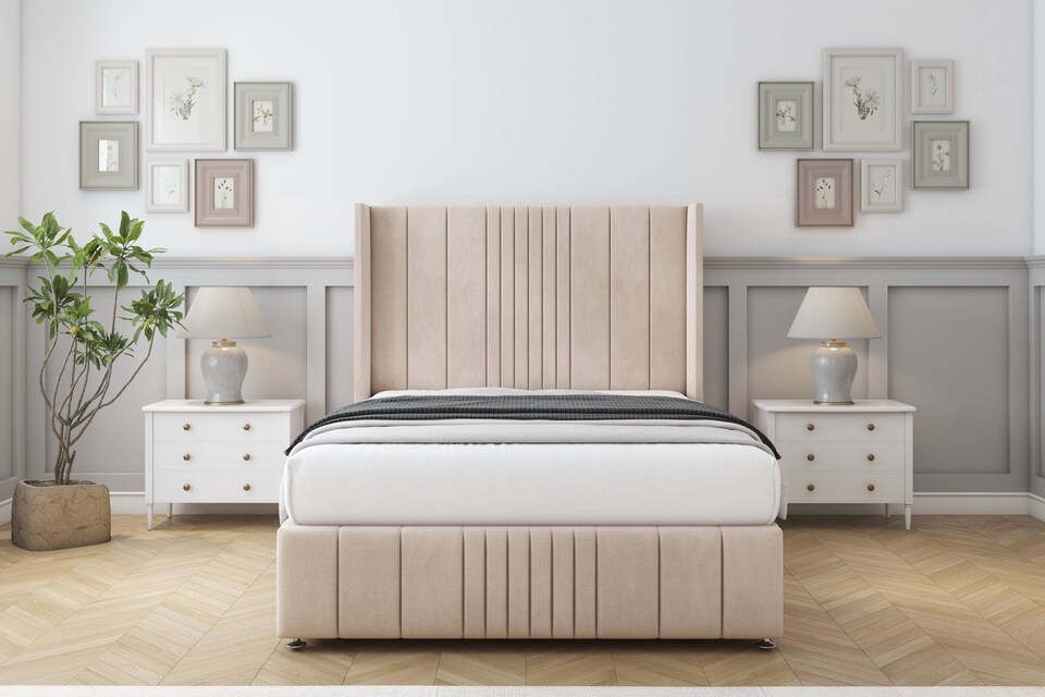 image 1 of Sloomy Hargrave Sand Naples Divan Bed With Mattress No Drawers With 54" Wingback Headboard & 12" Matching Footboard 4'6 Double | Cream | Sand | Double | 1