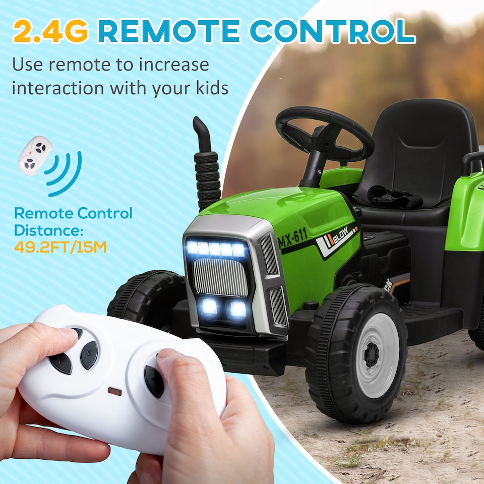 image 1 of HOMCOM Kids Electric Car, 12V Electric Ride on Tractor and Trailer with Detachable Trailer Remote Control, USB, Horn, Lights, Start-Up Sound, for Ages 3-6 Years, Green