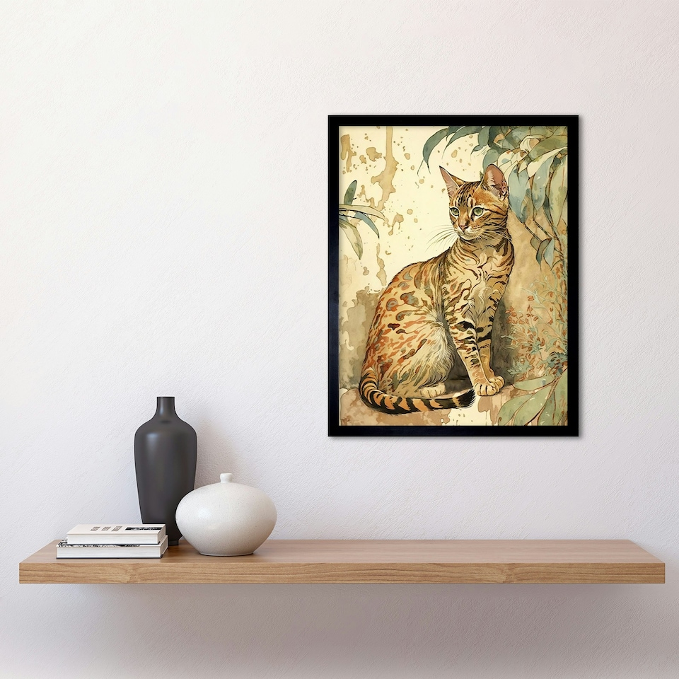 image 1 of Marble Coat Bengal Cat Perched Street Wall Watercolour Framed Wall Art Print
