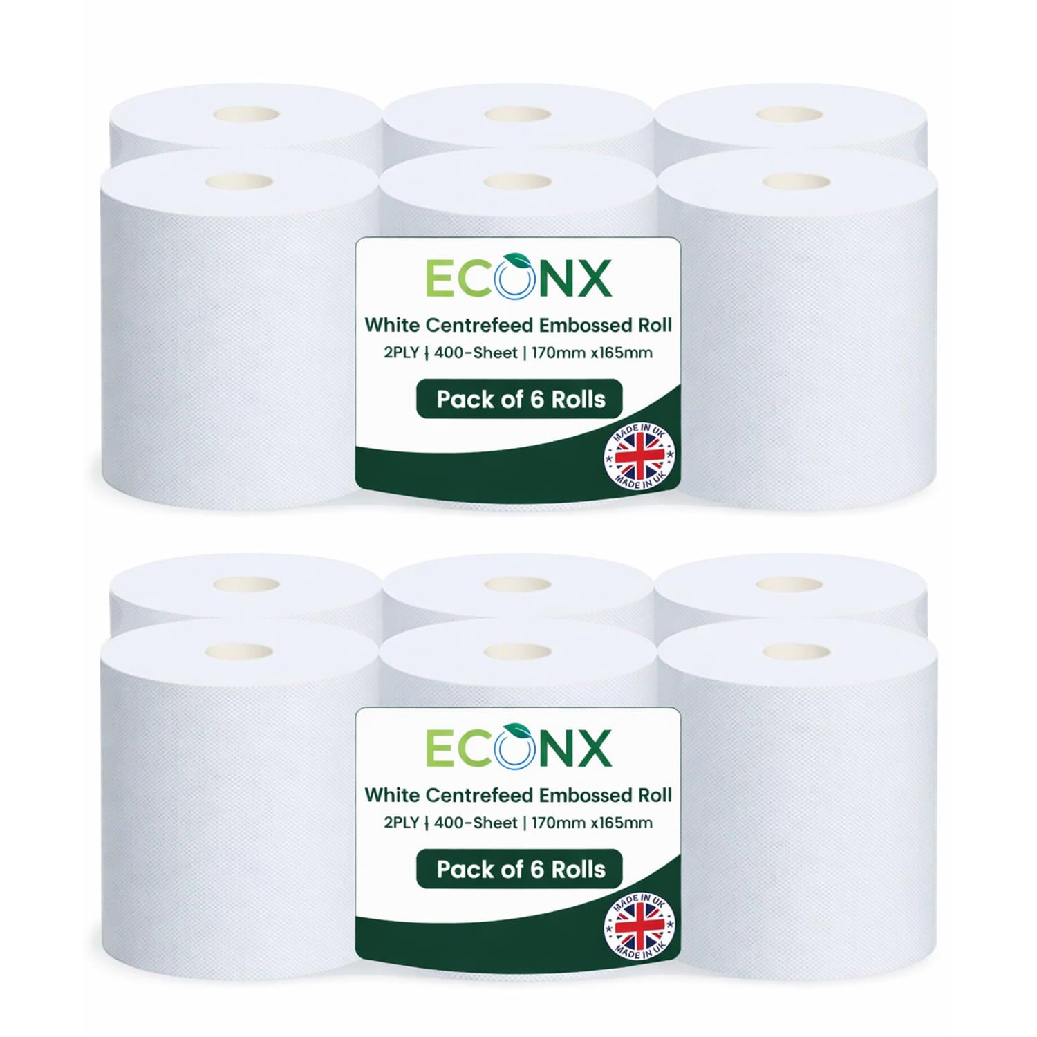 ECONX White Embossed Centrefeed Rolls Pack of 12 Rolls 2 Ply Paper Towel Tissue 400 Sheets per Roll