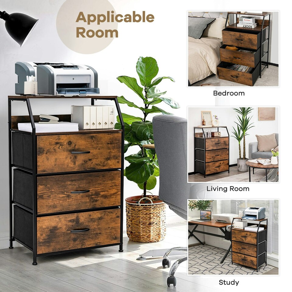 image 1 of COSTWAY 3-Drawer Storage Cabinet Dresser Organizer W/ Shelf Brown