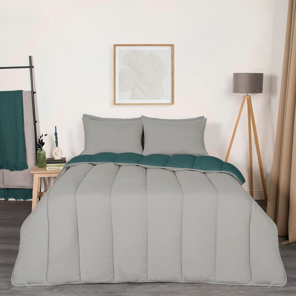 image 1 of OHS Coverless Reversible 10.5 Tog Duvet And Pillowcase Bedding Set, Single - Teal/Grey | Multi | Teal and Grey | Single