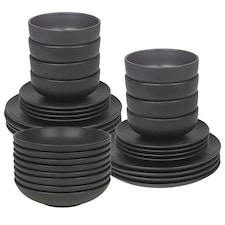 Coloured Stone Ceramic Dinnerware Crockery Plates Bowls Dining Set | Black | 32 Pcs Black | 32