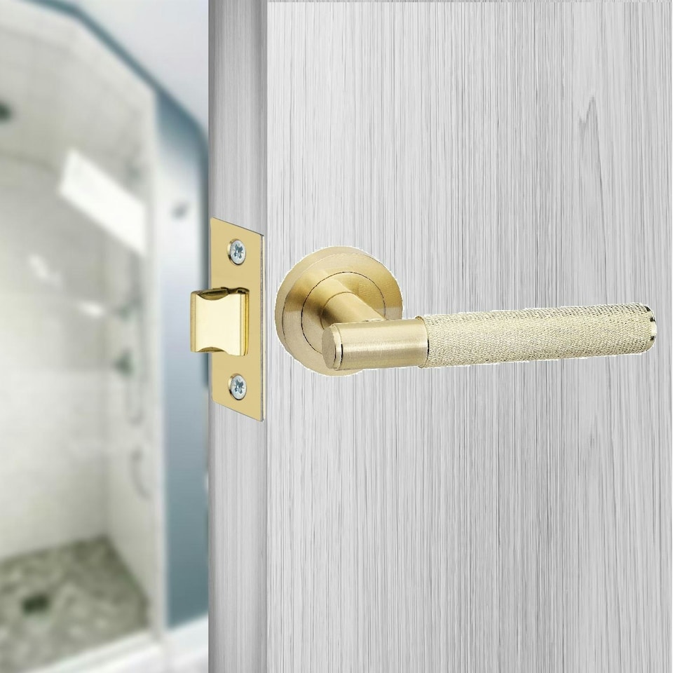 image 1 of Golden Grace 1 Pair Modern Knurled T-Bar Euro Lock Door Handles in Satin Brass Finish with 70mm Key and Thumbturn Barrell Gold