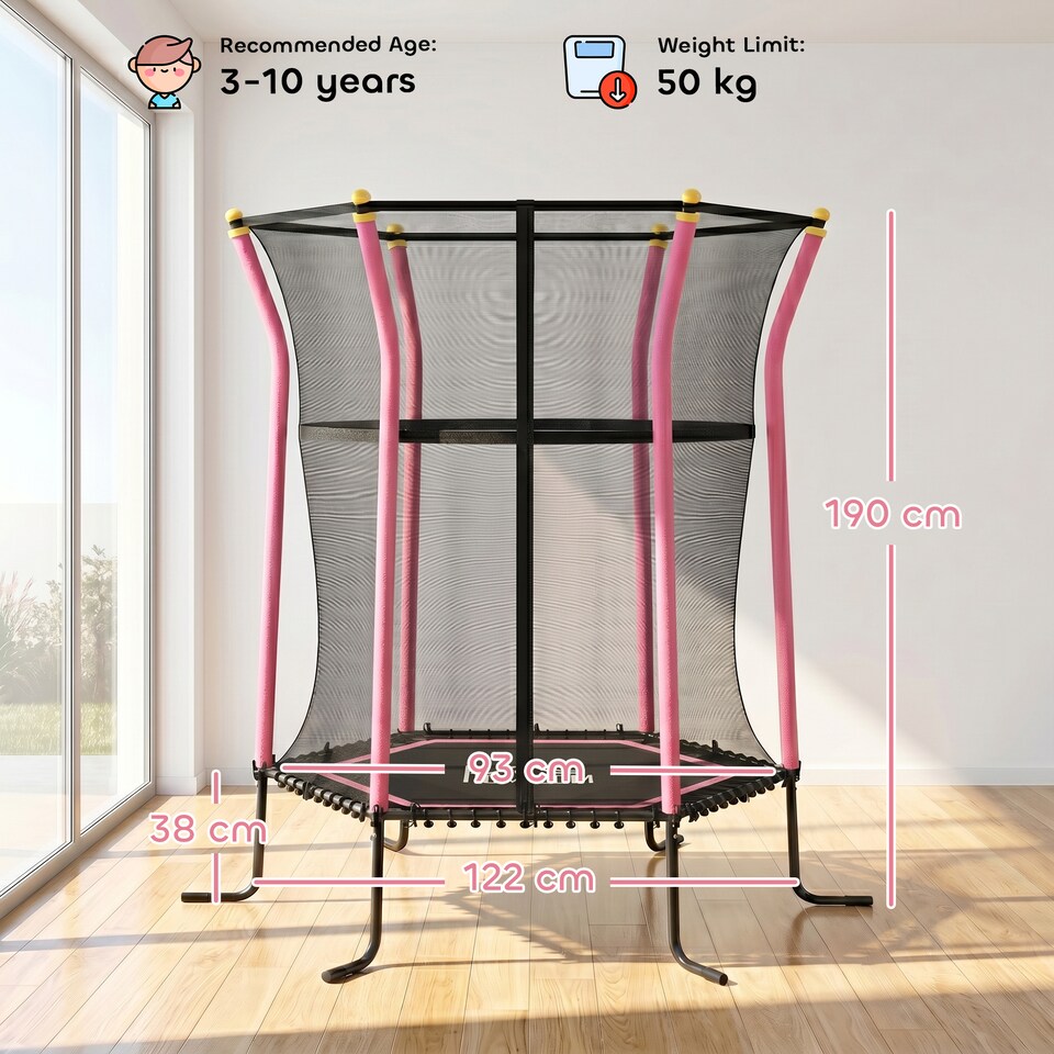 image 1 of HOMCOM 4FT Kids Trampoline With Enclosure Indoor Outdoor, Pink | Pink | Pink