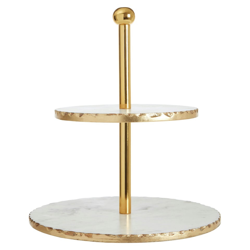 image 1 of Empire 2 Tier White Marble And Gold Finish Cake Stand Gold
