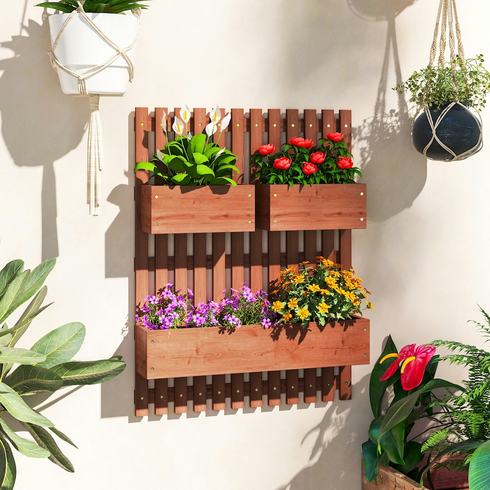 image 1 of Outsunny Wooden Garden Planters with Trellis Wall-mounted Raised Garden Bed | Grey | Grey