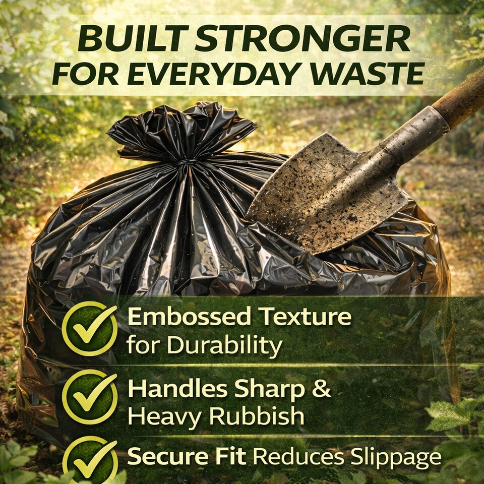 image 1 of Hero Drawstring Black Bin Bags 75–85L – Roll of 12 Heavy Duty Fox Proof Refuse Sacks, Strong Stretchy Tear Resistant Recycled Garbage Bags | Black | Black | 75-85L | 12