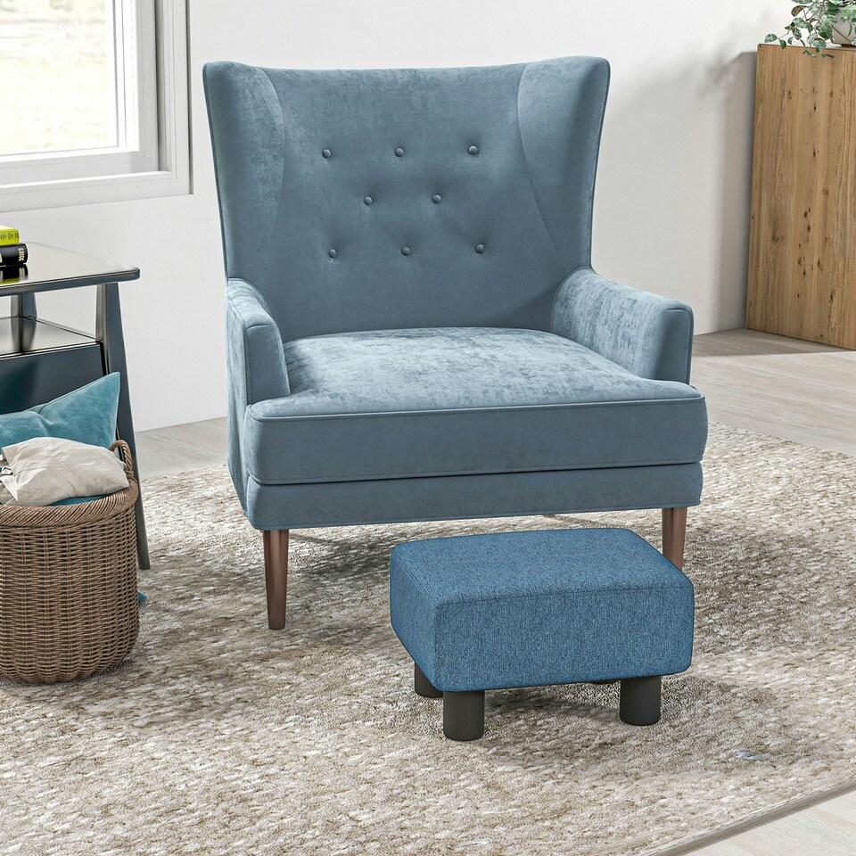 image 1 of HOMCOM Chic Linen Fabric Footstool Ottoman Cube with 4 Plastic Legs Blue