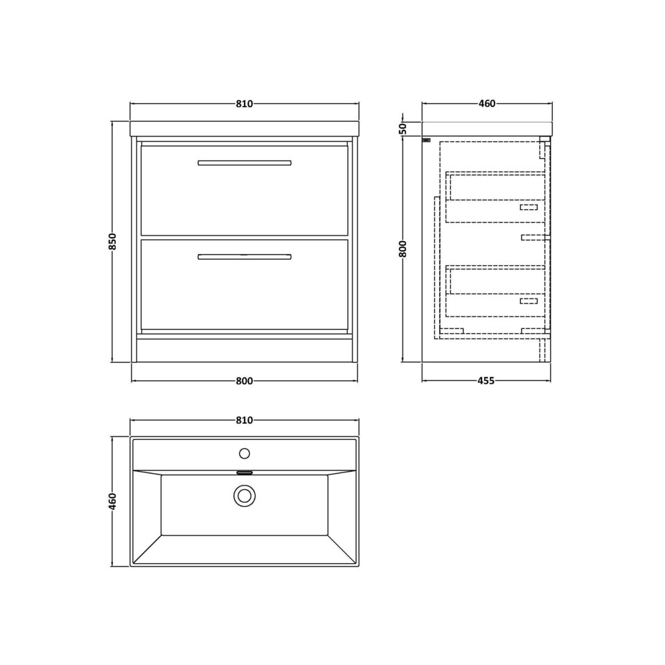 image 1 of Balterley Longnor 2 Drawer Floor Standing Vanity Unit with 1 Tap Hole Thin Edge Basin, Light Oak, 800mm