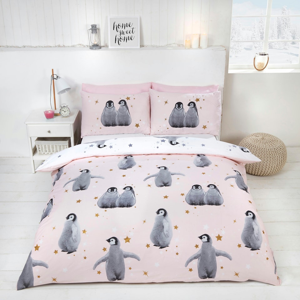 image 1 of Starry Penguins Polycotton Duvet Cover Set With Pillowcase | Pink | Double | 1