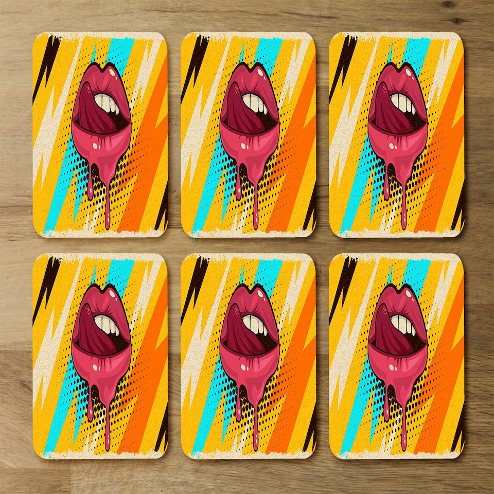 image 1 of Pink, red lips, mouth and tongue icon on pop art retro vintage colorful background (Placemat & Coaster Set)