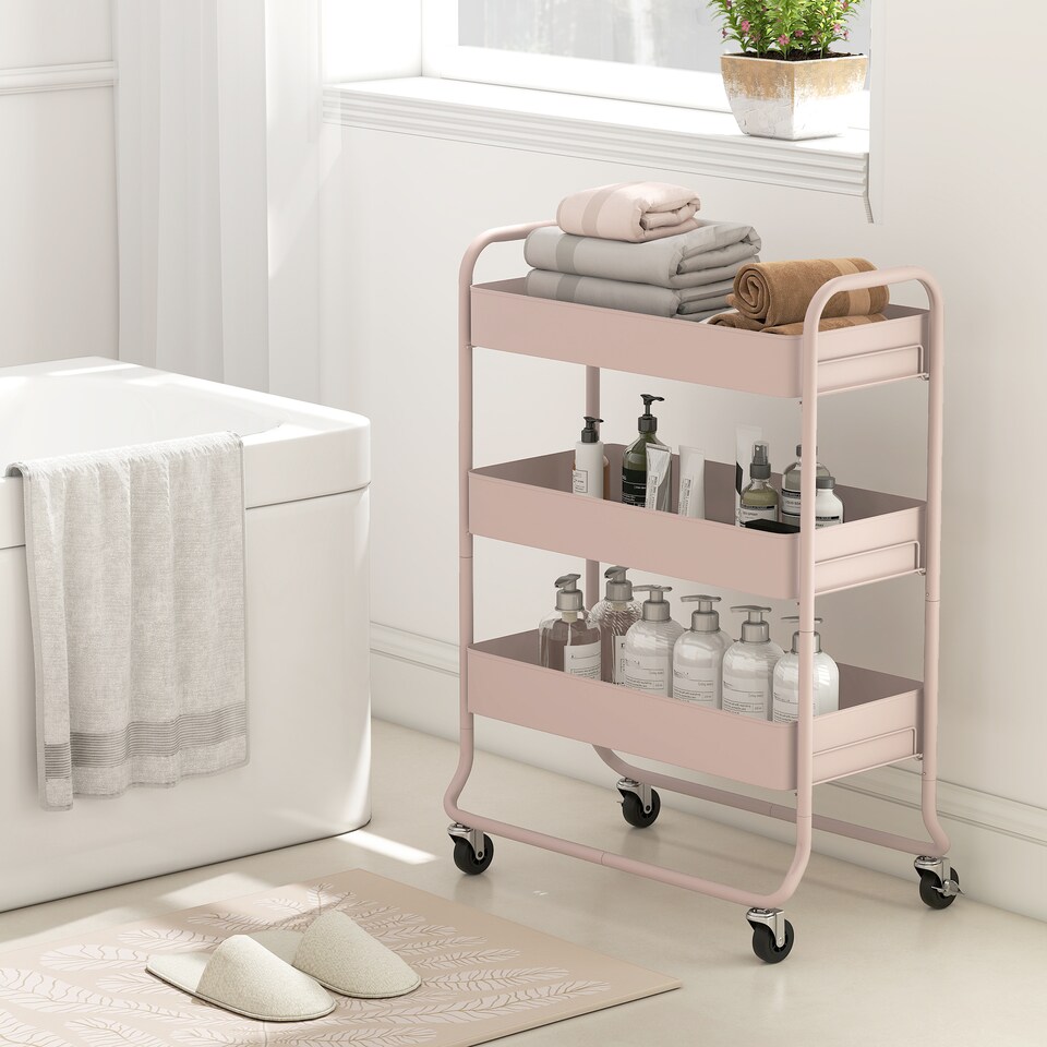 image 1 of HOMCOM 3-Tier Storage Trolley on Wheels, Rolling Utility Cart with Mesh Backets, Mobile Storage Cart for Kitchen, Bathroom, Bedroom, Light Pink | Pink | Pink
