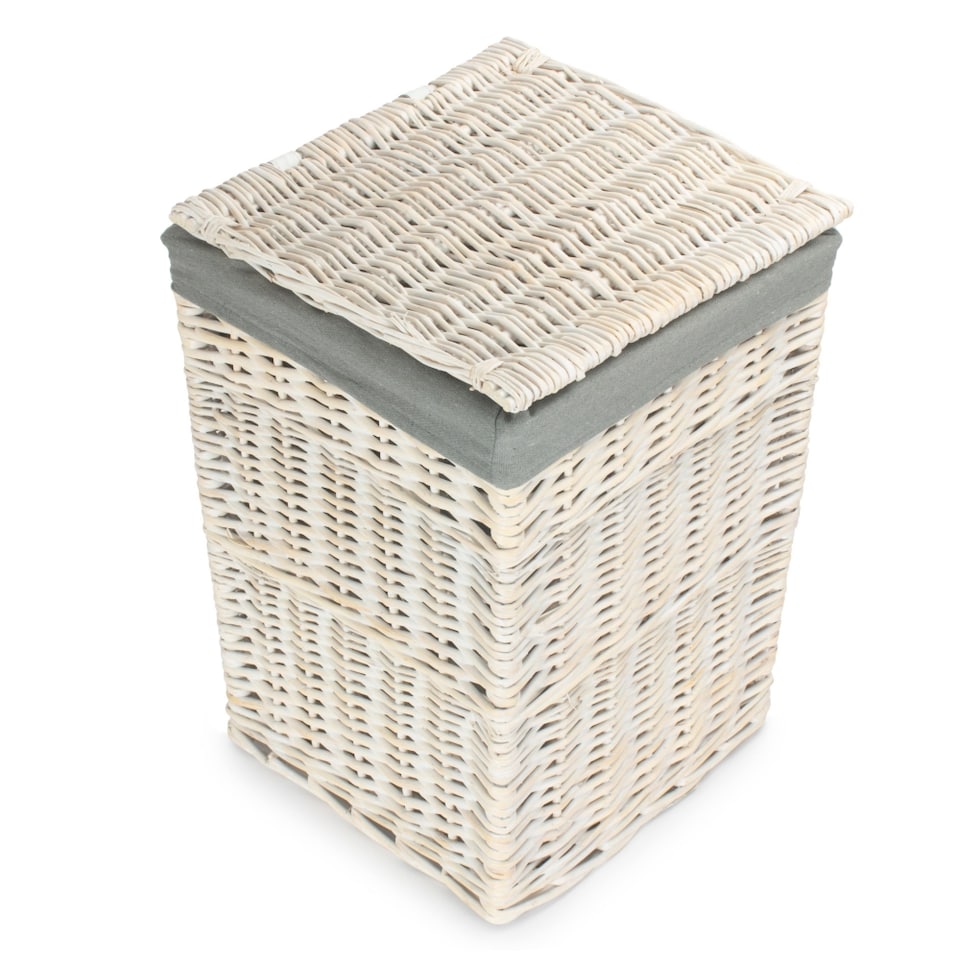 image 1 of Small Square White Wash Laundry Hamper with Grey Sage Lining | Grey | Grey