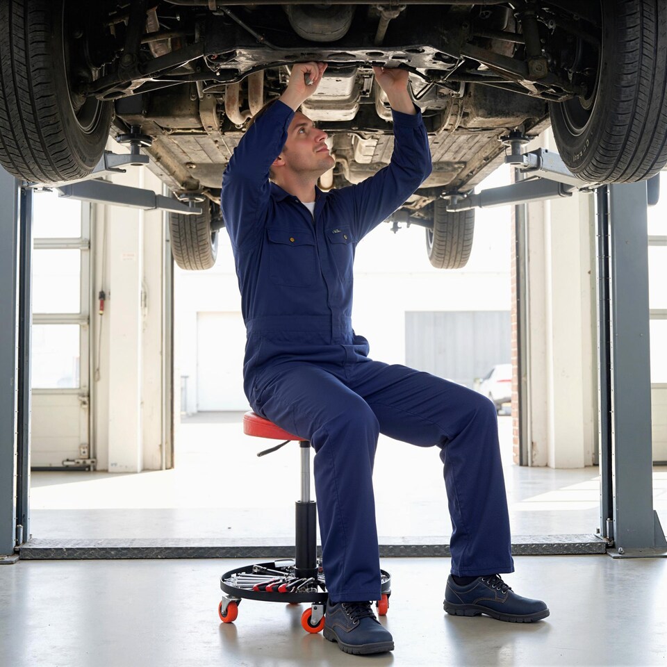 image 1 of HOMCOM Pneumatic Adjustable Mechanic Stool w/ Tool Tray, Wheels | Orange | Orange | Φ40 x 38-48H cm