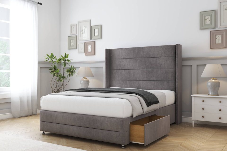 image 1 of Sloomy Sterling Slate Naples Divan Bed Base No Drawers With 54 Inch Wingback Headboard & 12 Inch Matching Footboard | Grey | Slate | Small Single | 1