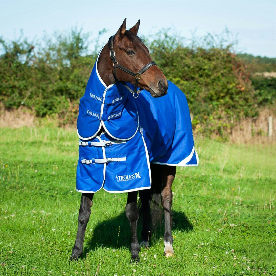 image 1 of Gallop Equestrian Trojan Xtra 300 Dual Turnout Rug & Neck Set Red | Size: 6ft 6
Colour: Navy/Red