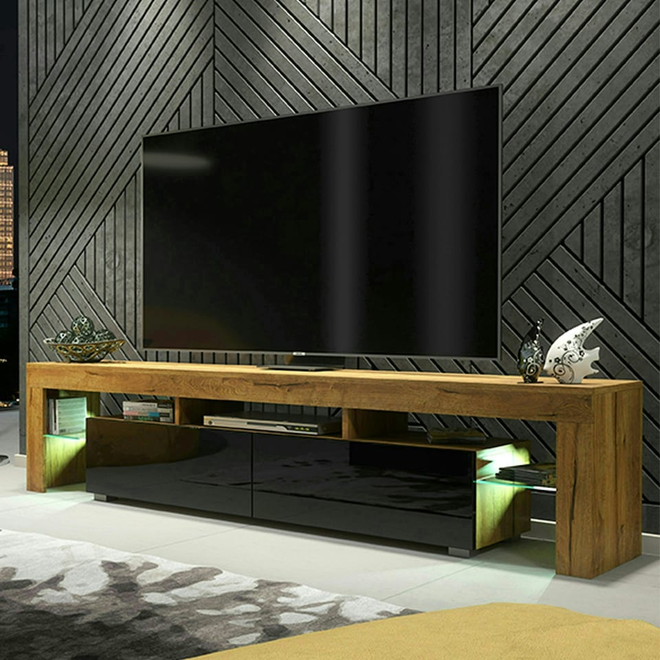 image 1 of Stylish Oak & Black TV Unit 200cm – Matt Finish with Glass Elements Multi