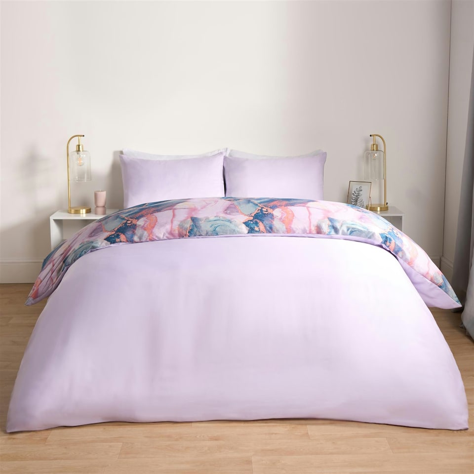 image 1 of OHS Marble Print Duvet Quilt Cover Bedding Set, Single - Lilac/Blue