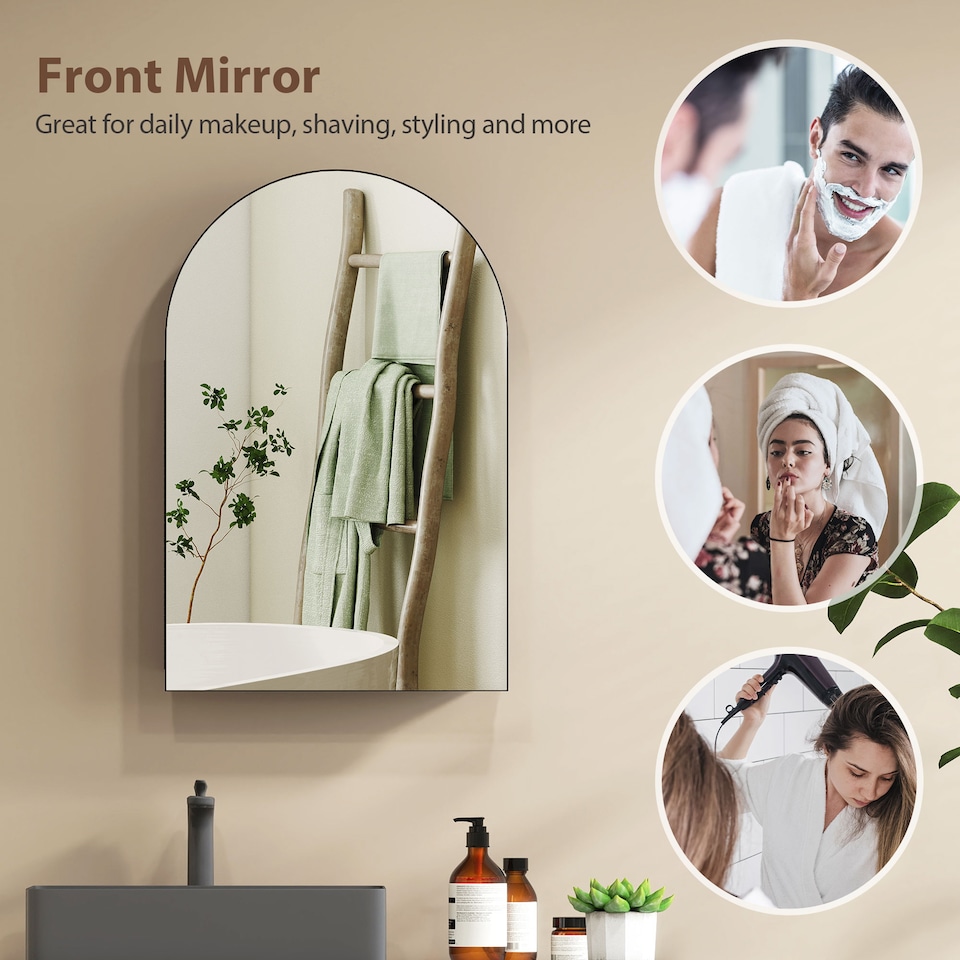 image 1 of HOMCOM Bathroom Mirror Cabinet with Mirror Arched Wall Cabinet Black | Black | Black | 50 x 12 x 76 cm