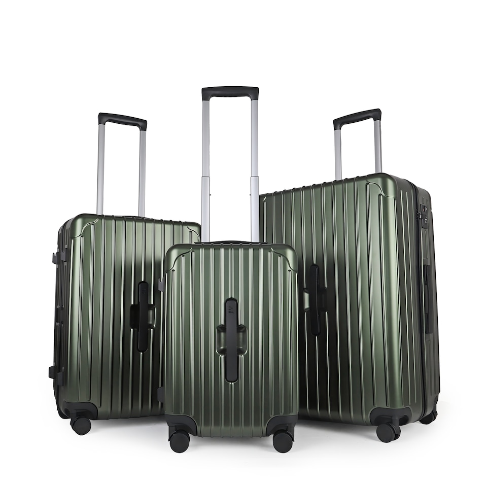 image 1 of 3 Piece Suitcase Set with Built-in Cupholder, Lightweight Luggage | Green | Hunter Green