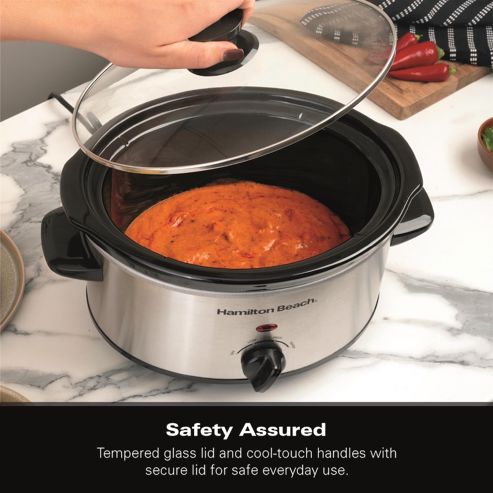 image 1 of Hamilton Beach Slow Cooker, 3.5 Litres, Comfort Cook, 160W, Stainless Steel, Energy-Efficient, Removable Oven-Safe Ceramic Bowl, 3 Heat Settings, Serves 2-4 People, Easy Clean, Silver - HBSC040S