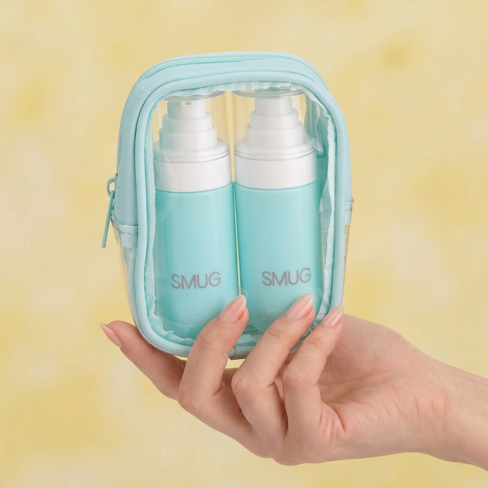 image 1 of SMUG Wash Bag, Toiletry Bag, Pump Jars & Spray Bottles Set - Bows Print