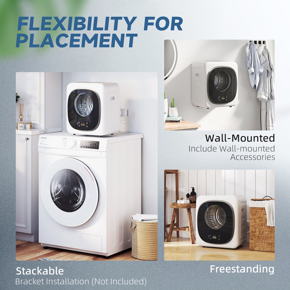 image 1 of HOMCOM 4kg Vented Tumble Dryer, 800W Compact Freestanding Front Tumble Dryer with 5 Drying Mode, Smart Sensor, Timer and Stainless Steel Tub, Wall-Mounted Portable Small Clothes Drying Machine, White