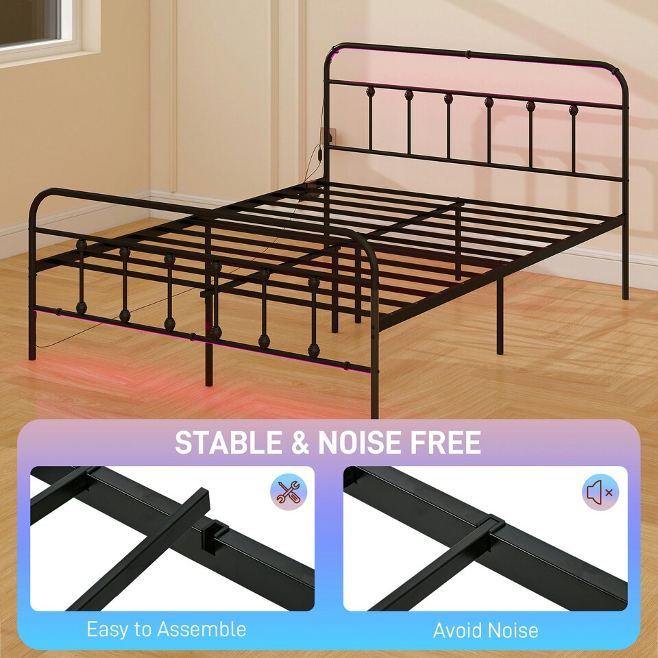 image 1 of HOMCOM Double Bed Frame with LED Lights and Charging Station, Black