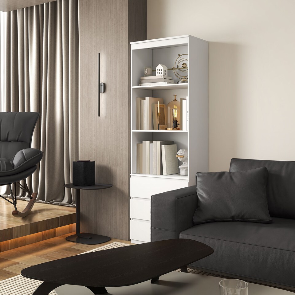 image 1 of HOMCOM 180cm Tall Bookcase with Storage, Free Standing Bookshelf with 3 Shelves and 3 Drawers, Display Cabinet for Living Room, Home Office, Bedroom, White