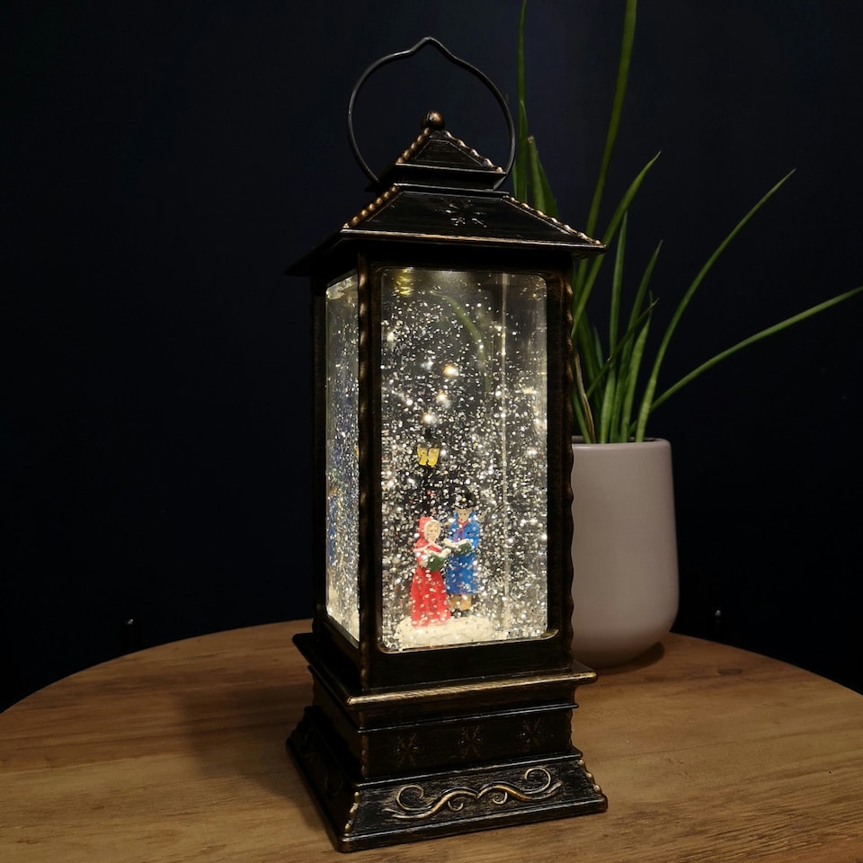 image 1 of 27cm Dual Power Light up Christmas Glitter Water Spinner Rustic Lantern Carol Singing Scene with LEDs
