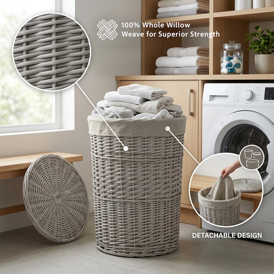 image 1 of Wicker Laundry Hamper Basket, Laundry Basket with Lid, Round Washing Baskets, Wicker Wash Baskets with Lining Bathroom Storage (Grey, Large)