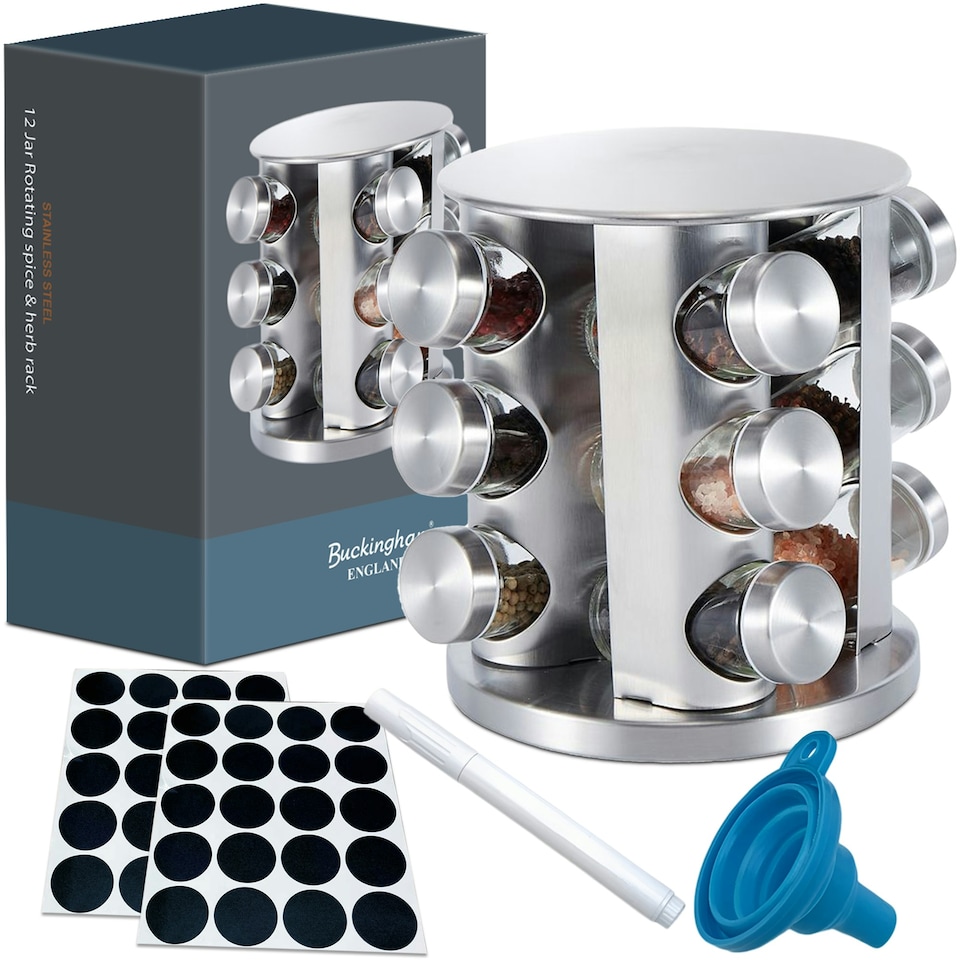 image 1 of Buckingham Stainless Steel Rotating Spice & Herb Rack including 12 Glass Jars Silver