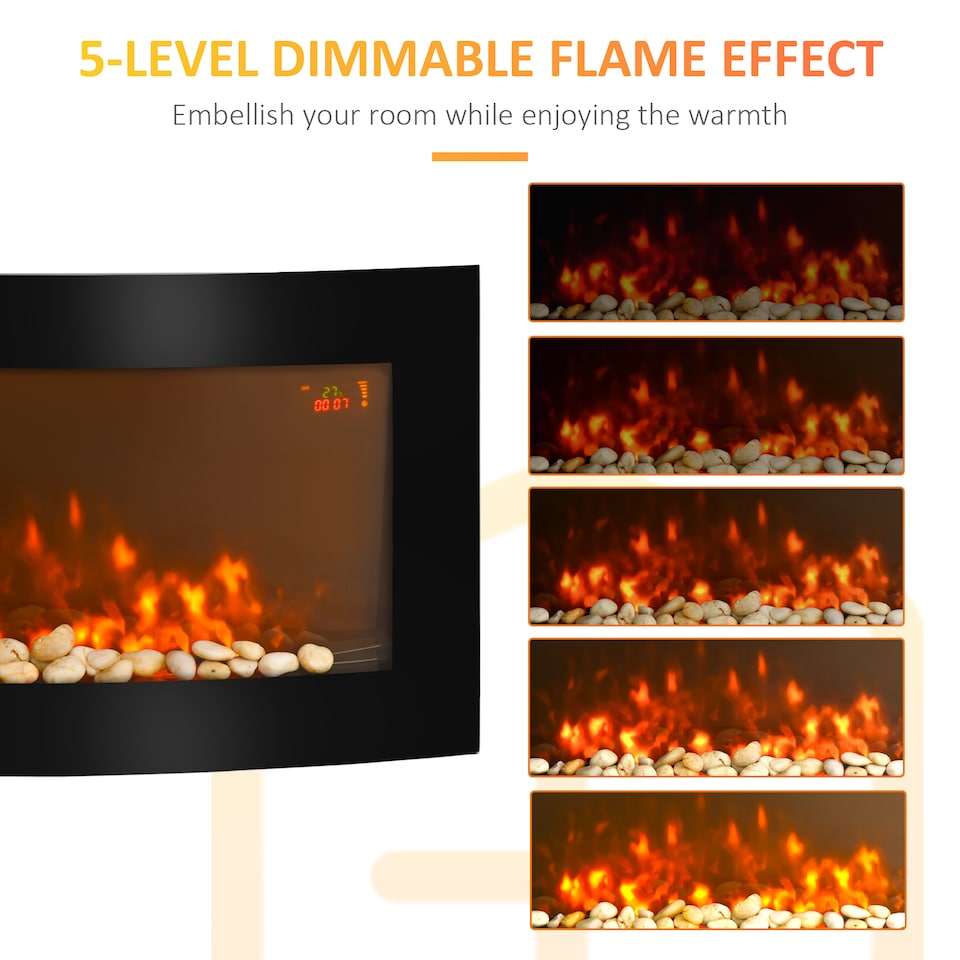 image 1 of HOMCOM Led Wall Mounted Fireplace Curved Glass Electric Fire Place Fire Place 7 Colour Side Lights Slimline, 10002000W, 89.2cm  48cm