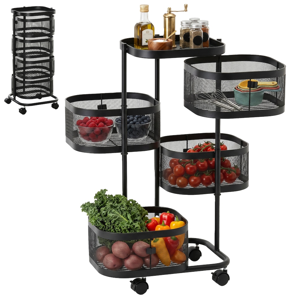 image 1 of HOMCOM Metal Storage Cart with Top Tray and 4 Mesh Baskets, Black