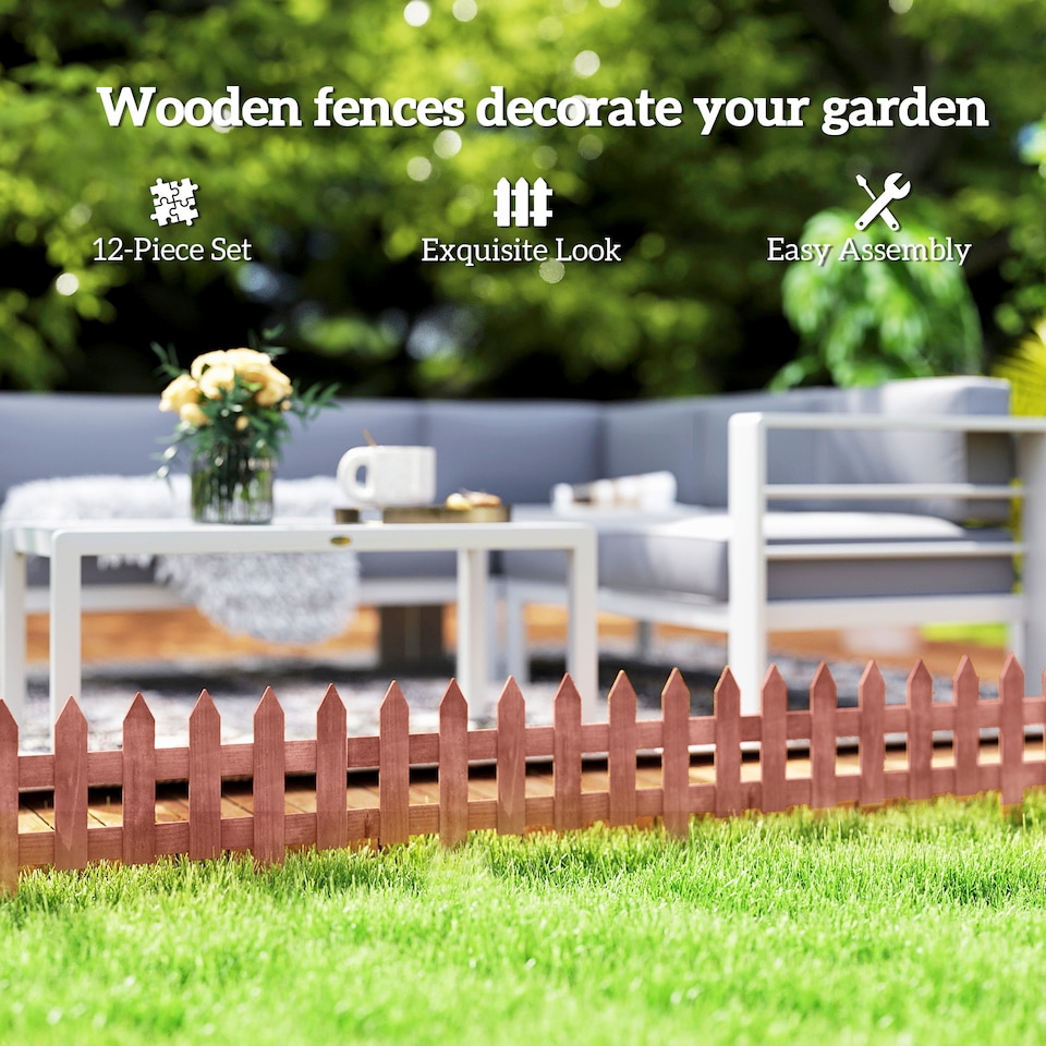 image 1 of Outsunny Pack of 12 Wooden Plant Border Fence Garden Fixed Picket Fence Brown
