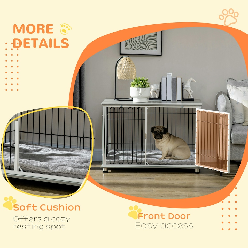 image 1 of PawHut Dog Crate Furniture End Table w/ Soft Washable Cushion, Lockable Door