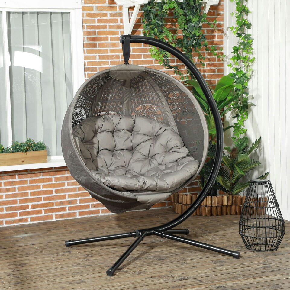 image 1 of Outsunny Outdoor Hanging Chair, Swing Chair with Metal Stand, Thick Padded Cushion, Foldable Basket and Side Pocket, for Indoor and Outdoor, Sand | Brown